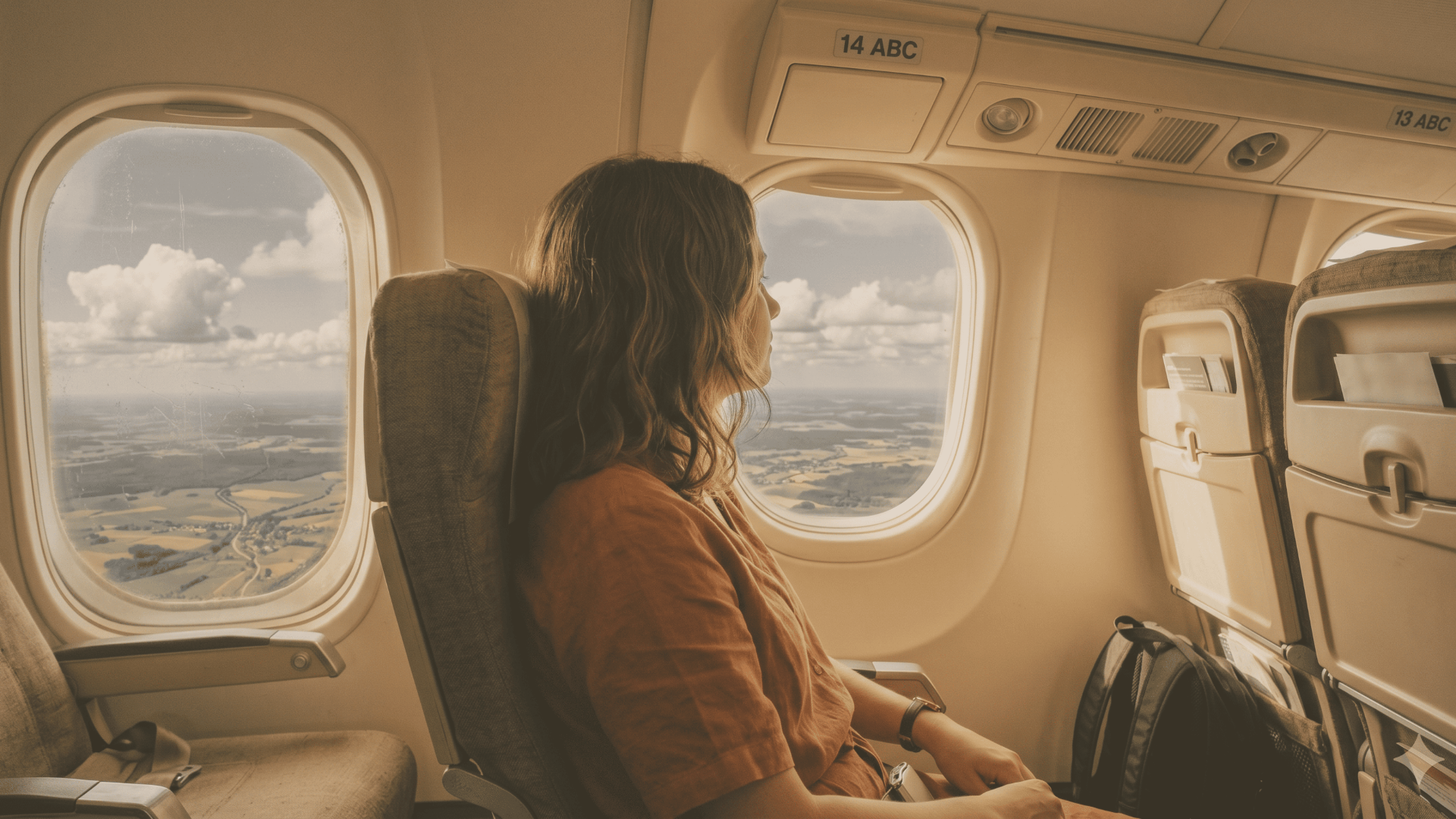 Mulher contemplando o horizonte pela janela do avião, simbolizando a travessia migratória
